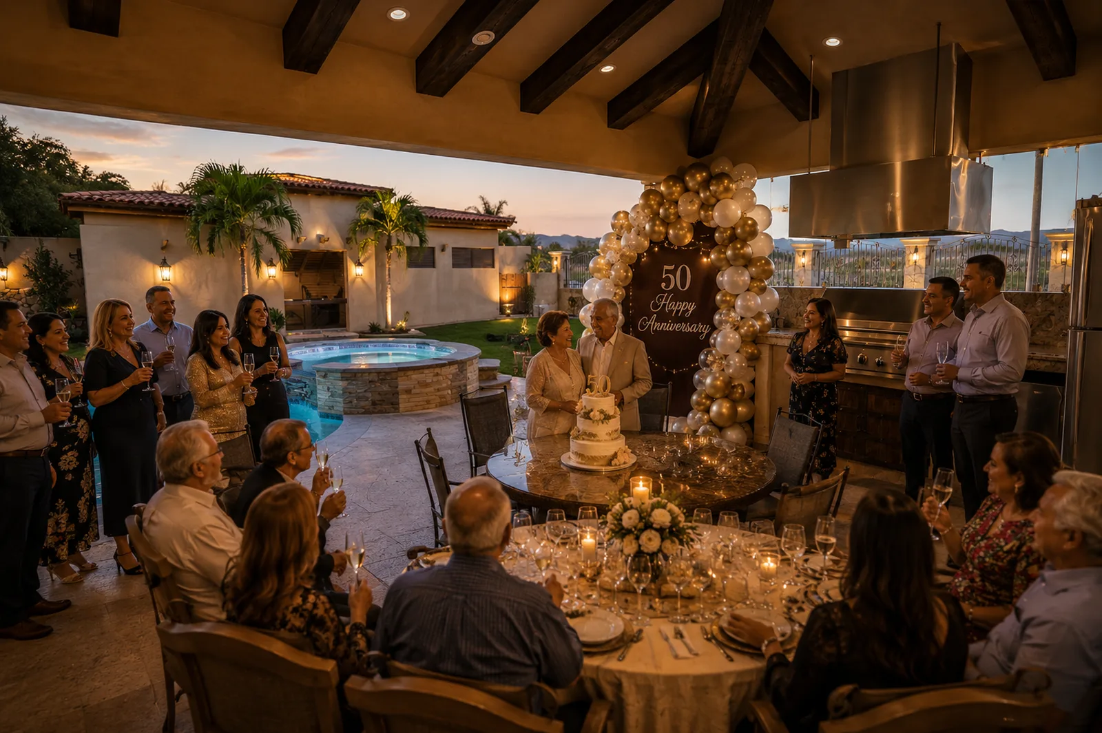 Anniversary dinner celebration under the covered terrace