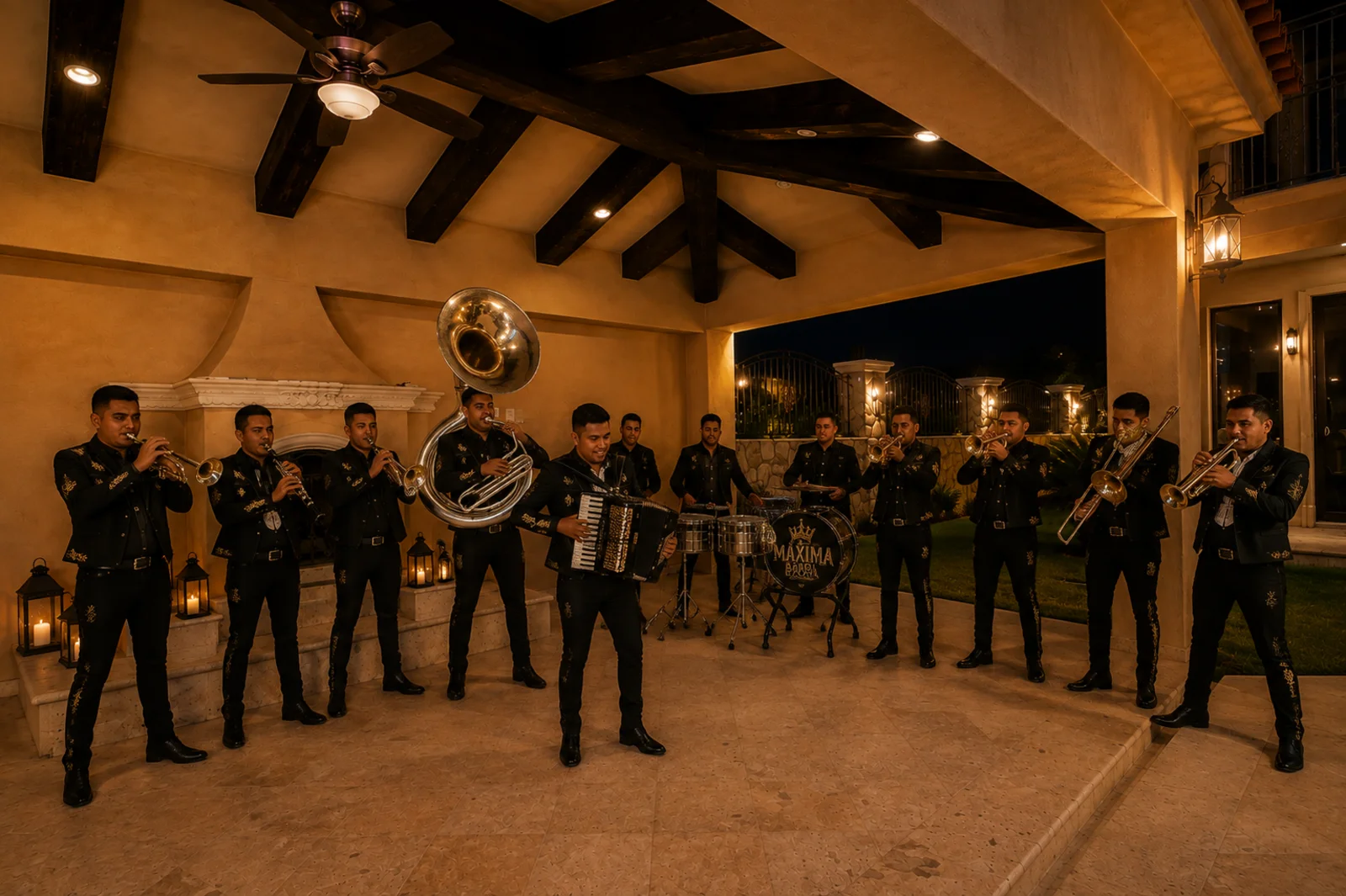 Live mariachi band performing under the palapa