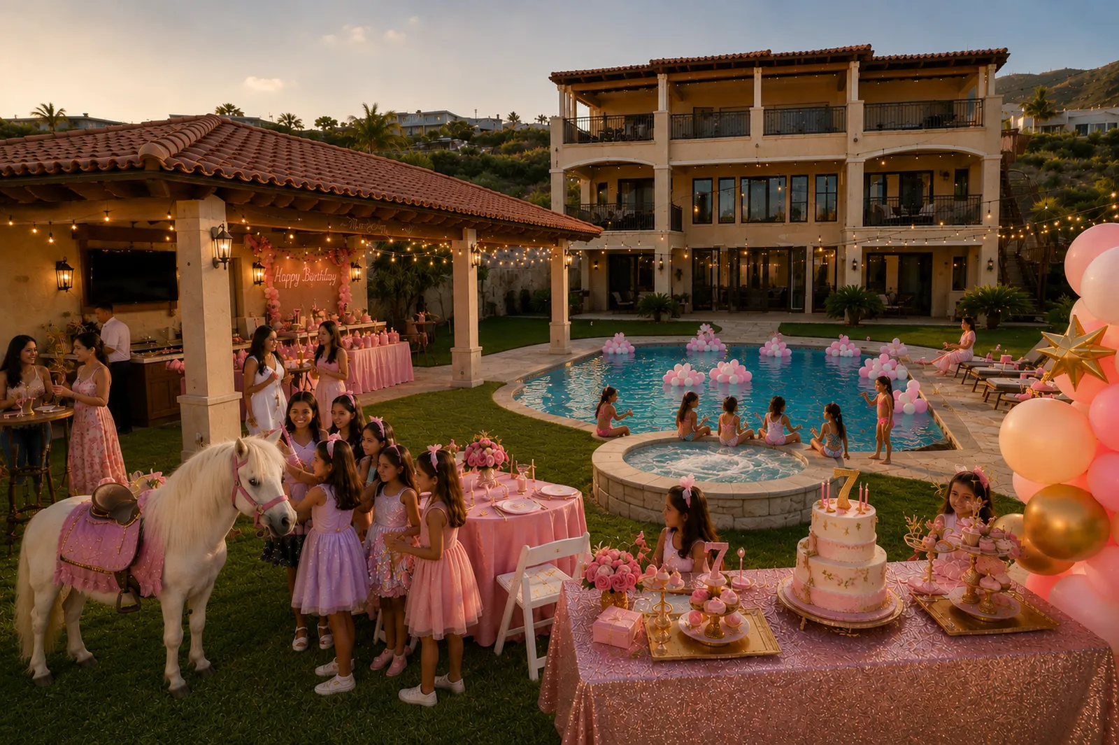 Birthday celebration on the estate lawn and pool